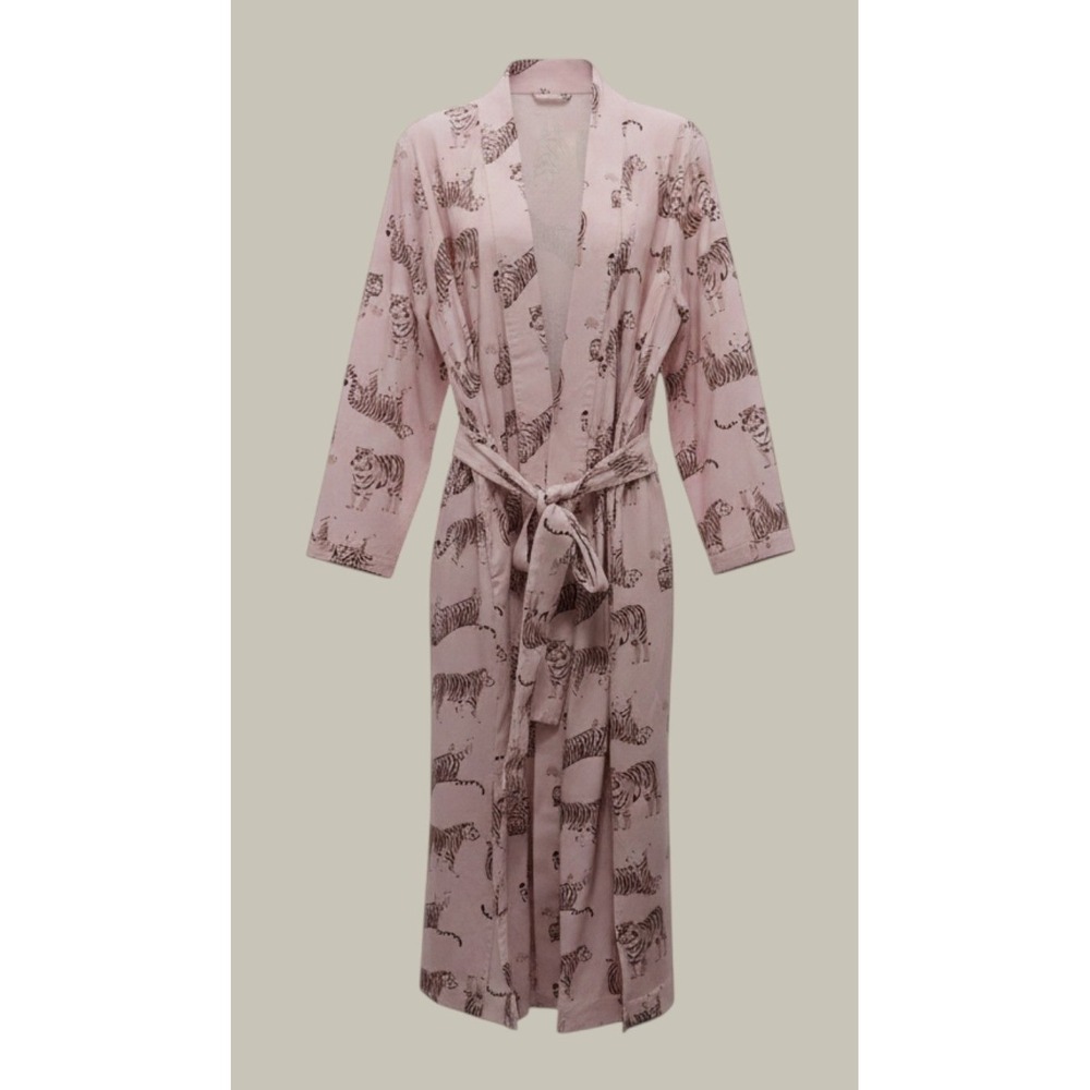 MASON grey Pink Tiger Print Long Robe XL Kimono Belted Pockets Sleepwear Lounger